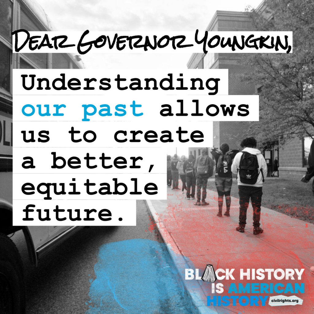 Students in background with message for Virginia Gov Younkin - "Understanding our past allows us to create a better, equitable future