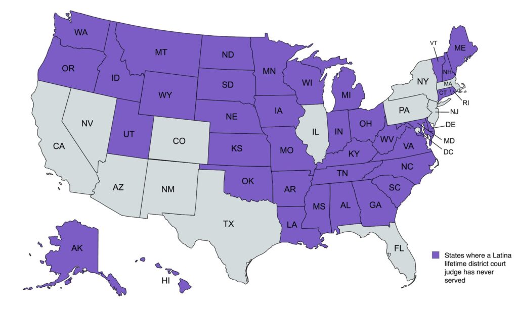 A map showing the states where a Latina lifetime district court judge has never served.
