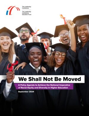 Image: We Shall Not Be Moved report cover showing recent graduates celebrating with their diplomas